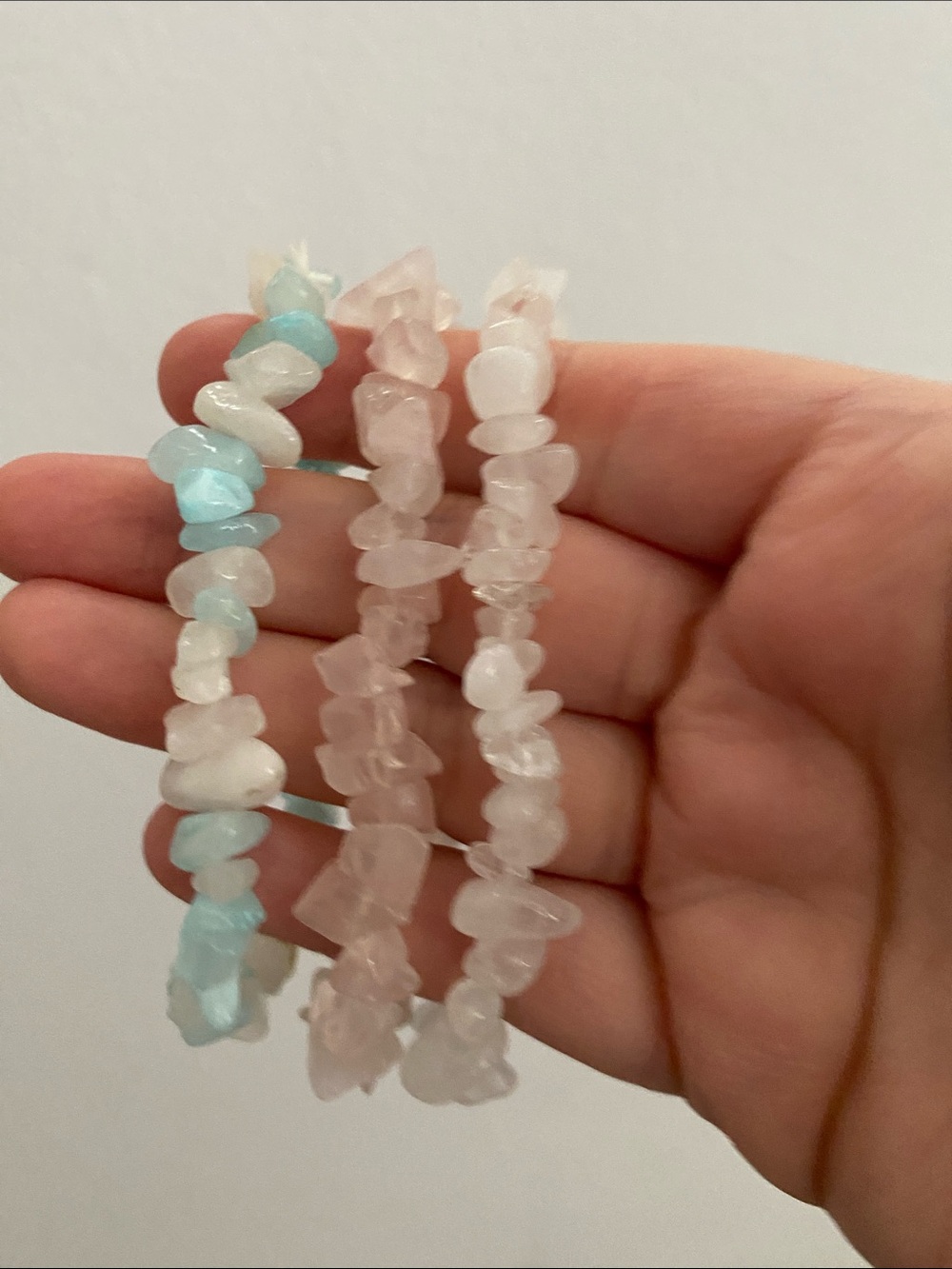 Handcrafted Pink Rose Quartz & Aqua Chip Stretch Bracelets - Set of 3